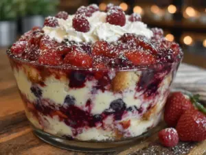fresh red white and blue berry trifle - featured image