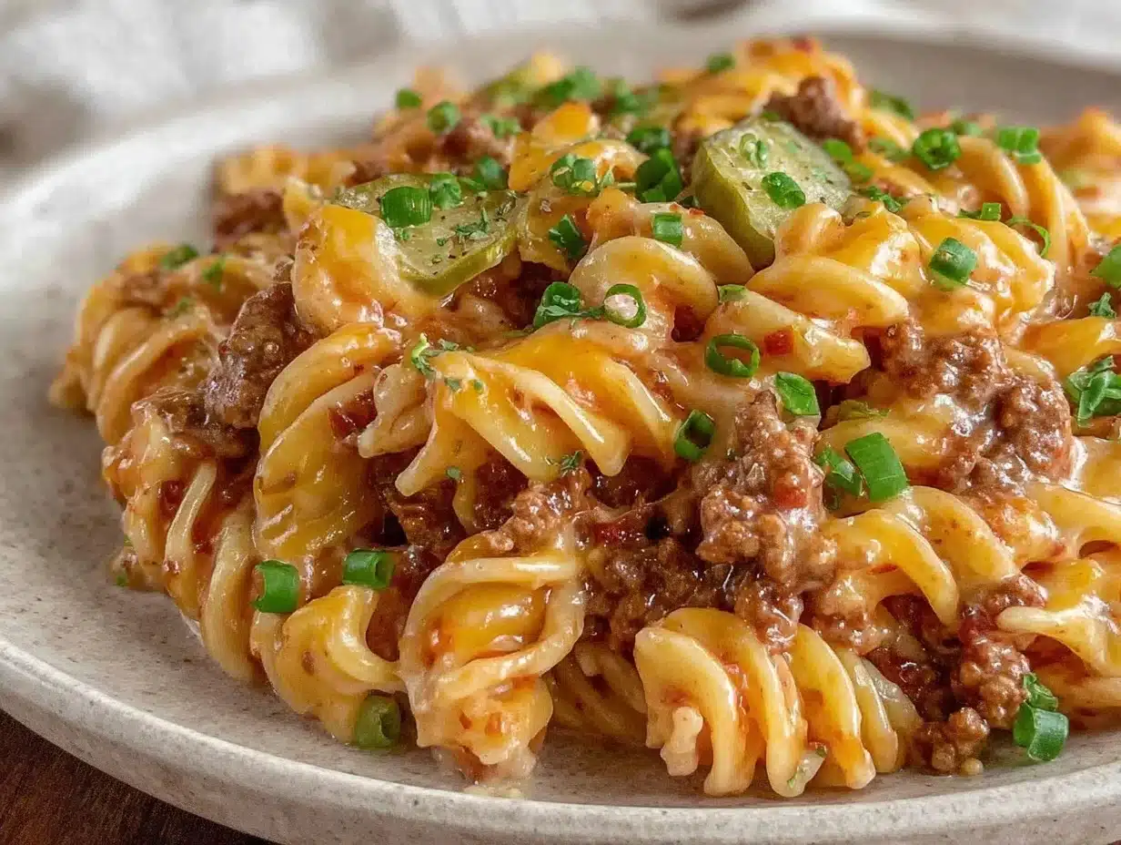 one-pot ground beef cheeseburger pasta - featured image
