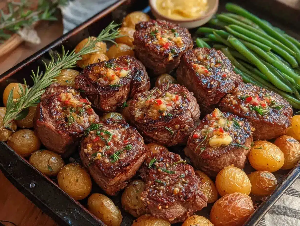 sheet pan garlic butter steak bites preparation steps