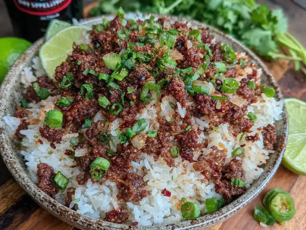 sticky rice and savory ground beef bowl - featured image