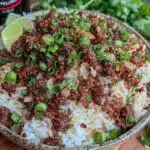 sticky rice and savory ground beef bowl - featured image