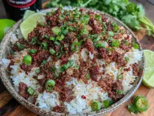 sticky rice and savory ground beef bowl - featured image