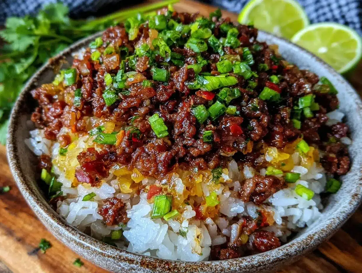 sticky rice and savory ground beef bowl preparation steps