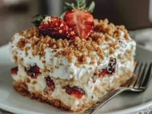 strawberry shortcake crunch cake - featured image