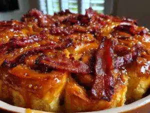bourbon maple bacon cinnamon roll bake - featured image