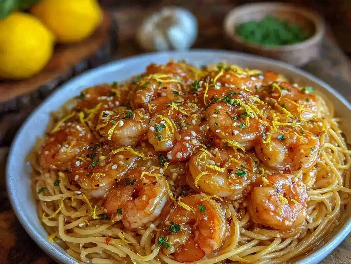 creamy lemon garlic butter shrimp pasta - featured image