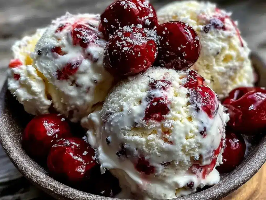 creamy roasted cherry vanilla bean ice cream - featured image