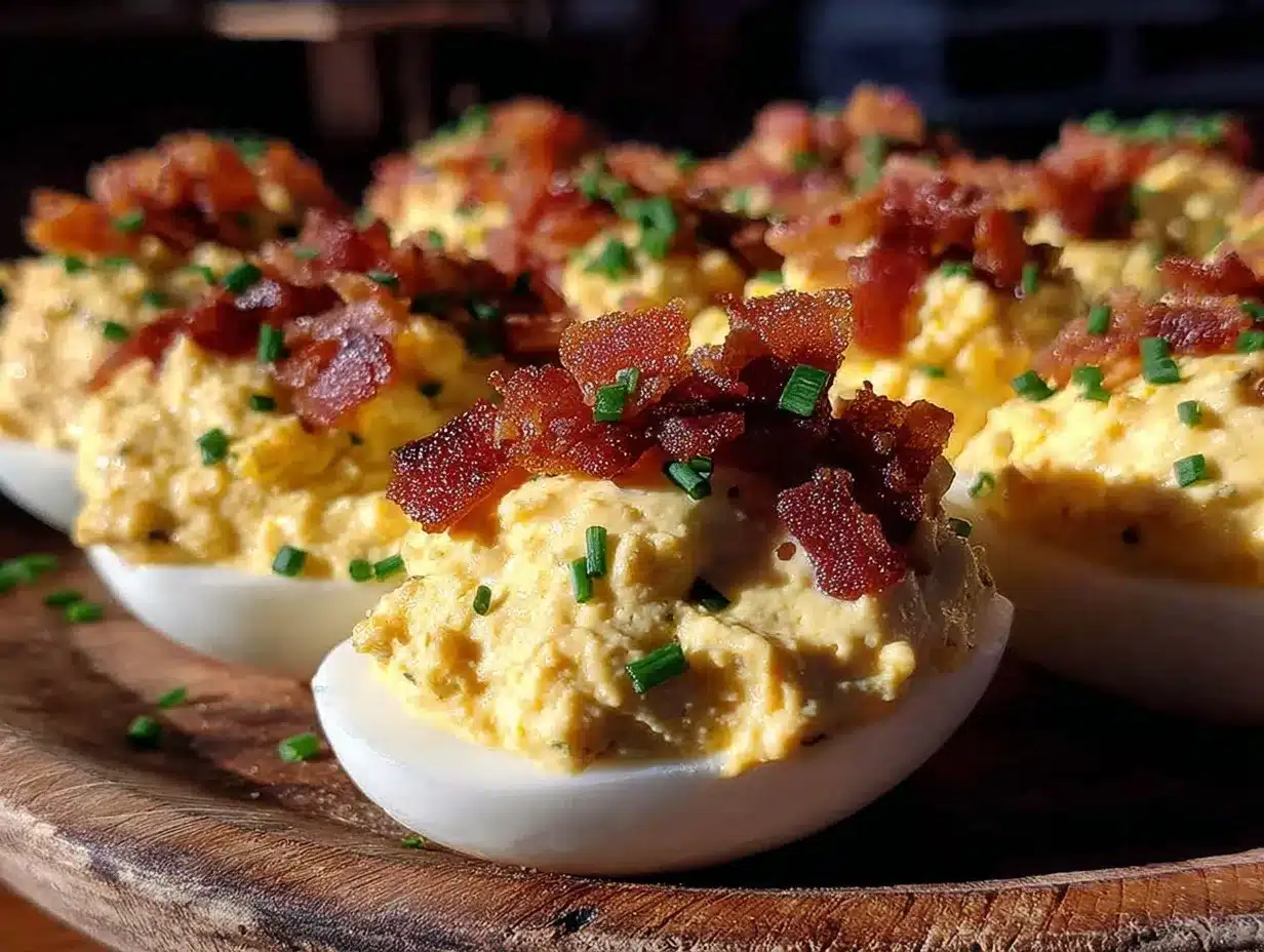 crispy deviled eggs with bacon topping preparation steps