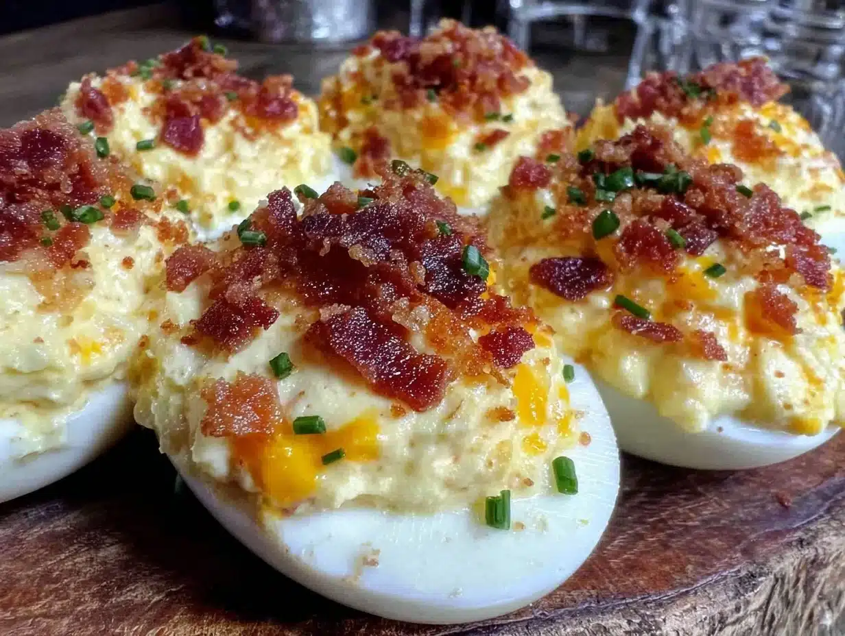 crispy deviled eggs with bacon topping - featured image