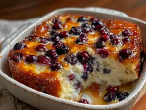 fluffy blueberry pancake breakfast casserole - featured image