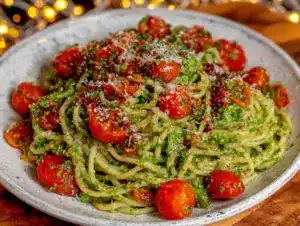 fresh garlic scape pesto pasta - featured image