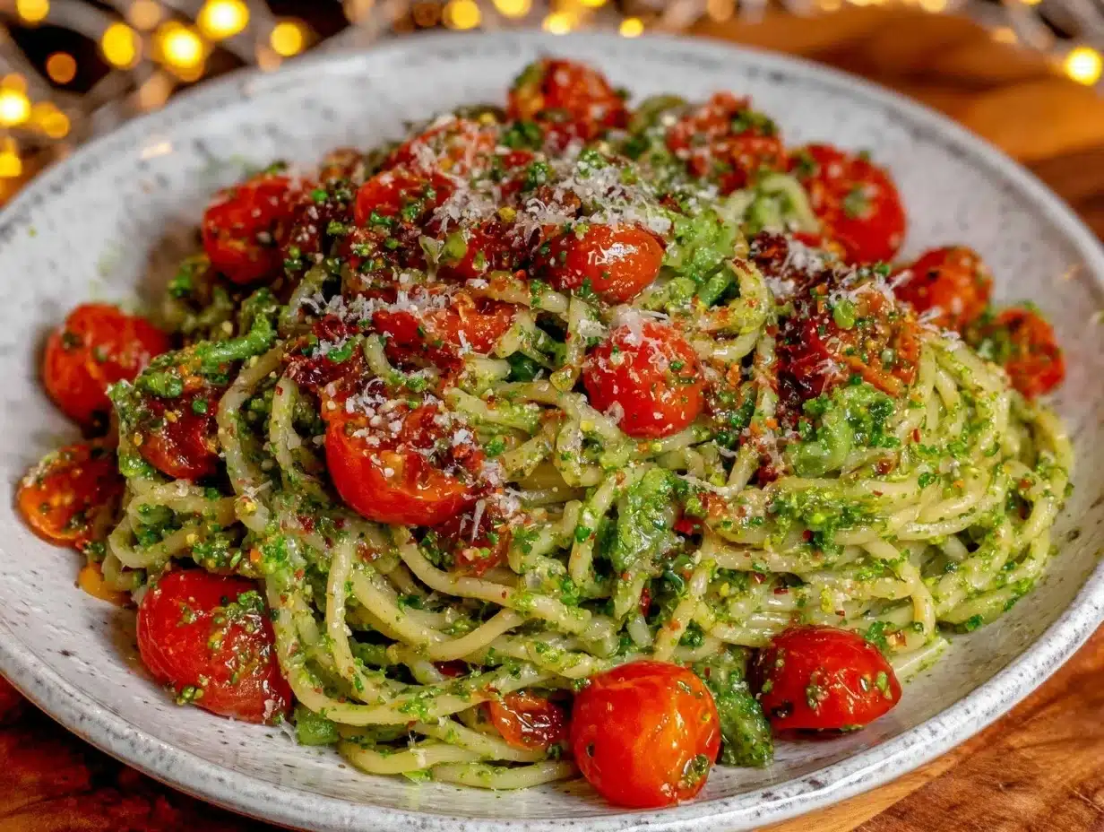 fresh garlic scape pesto pasta - featured image