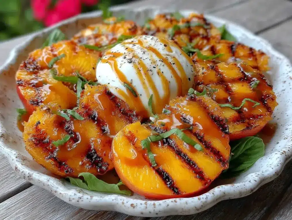 fresh grilled peach burrata salad - featured image