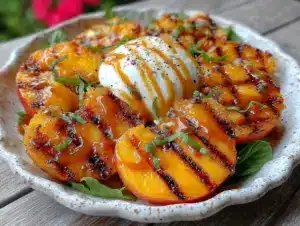fresh grilled peach burrata salad - featured image