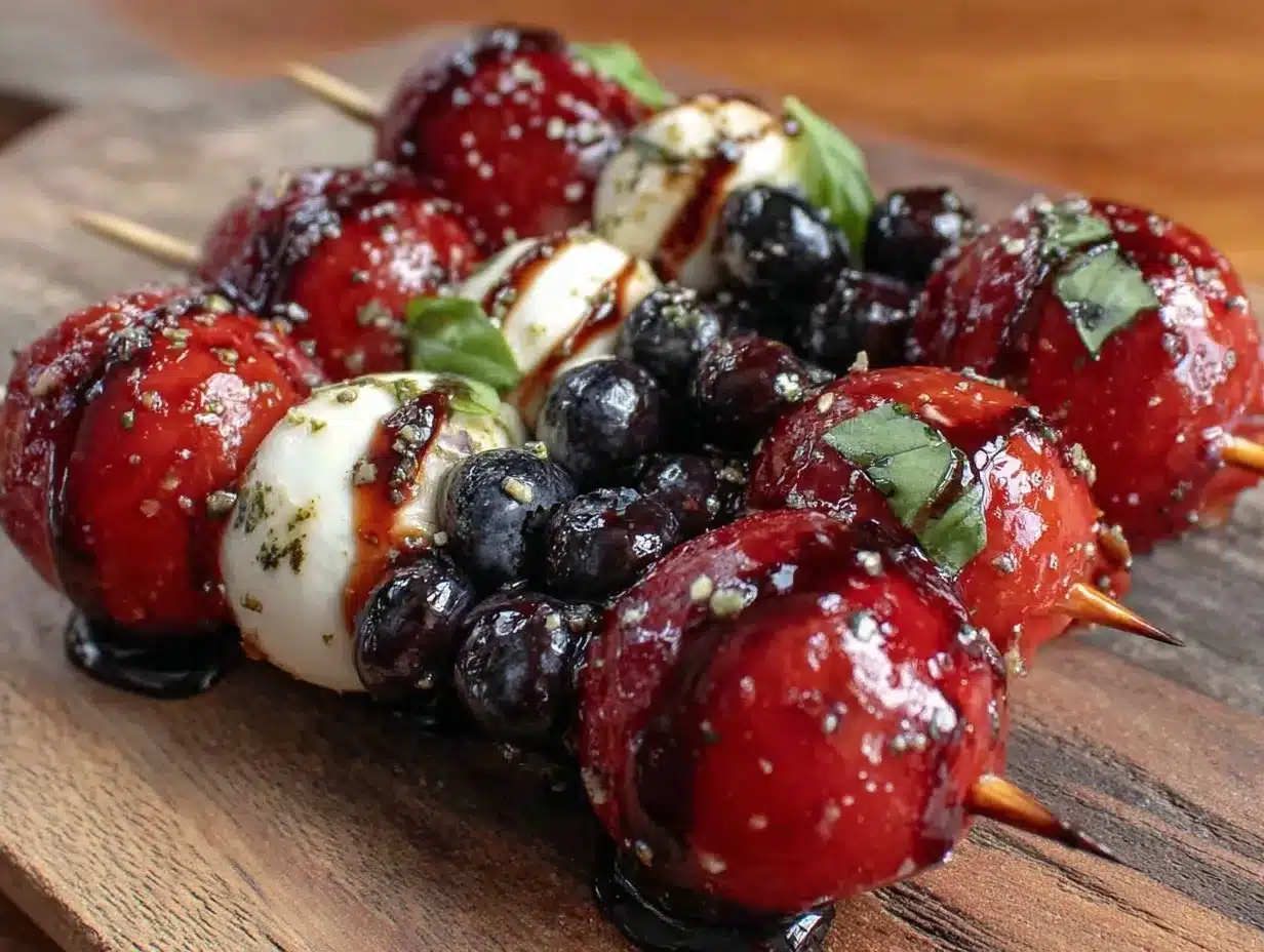 fresh red white blue caprese skewers preparation steps