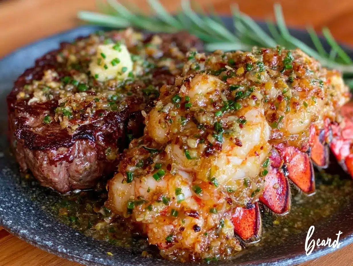 garlic butter lobster tail with filet mignon preparation steps