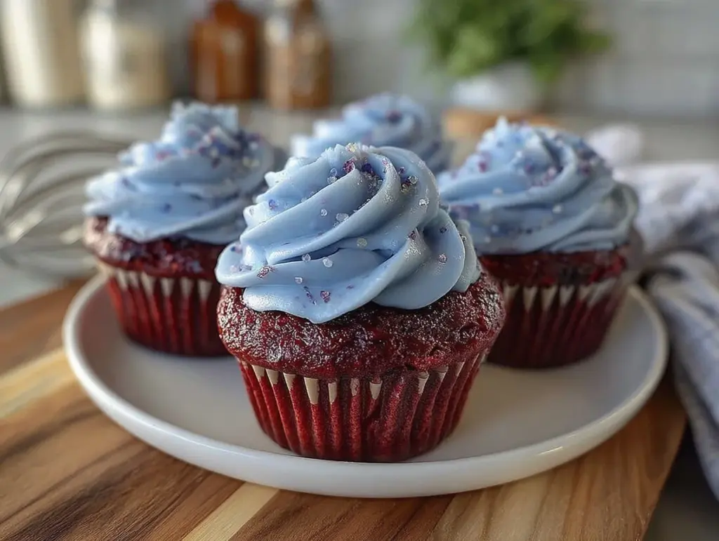 red velvet cupcakes with blue frosting - featured image