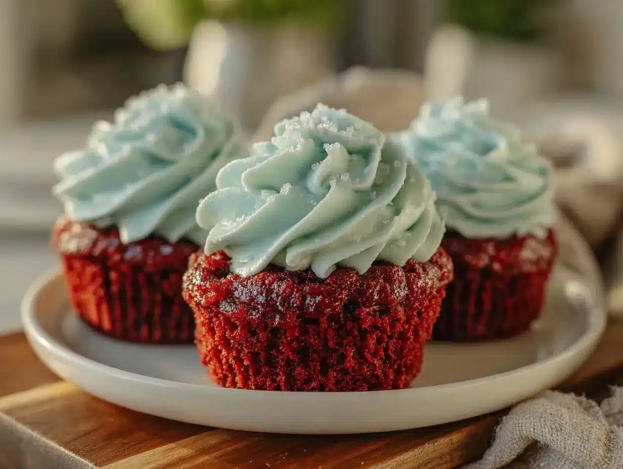 red velvet cupcakes with blue frosting preparation steps