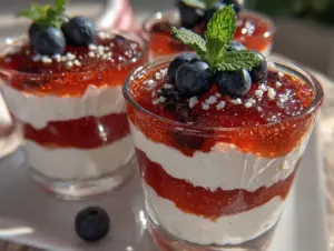 red white and blue layered jello cups - featured image