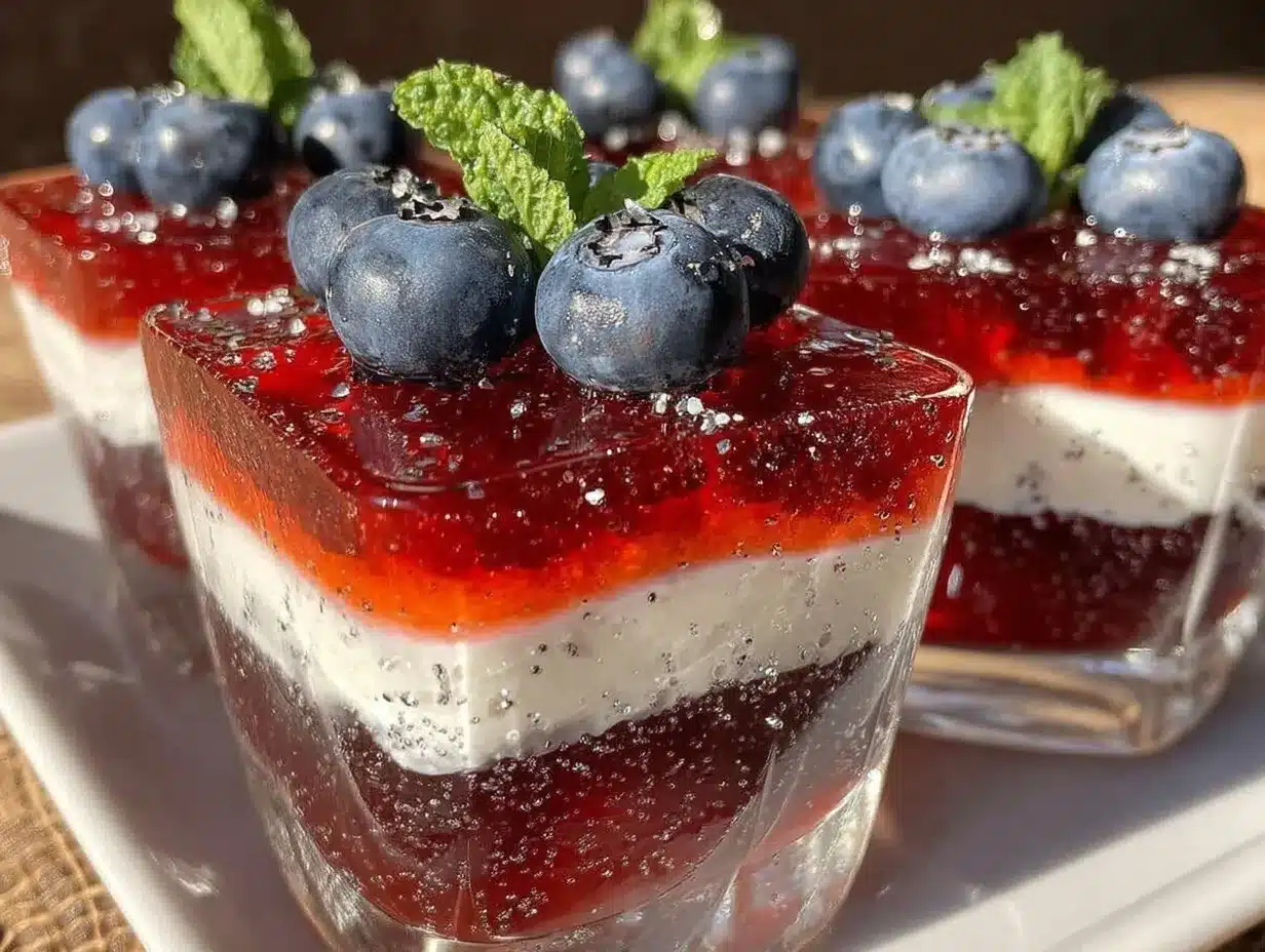 red white and blue layered jello cups preparation steps
