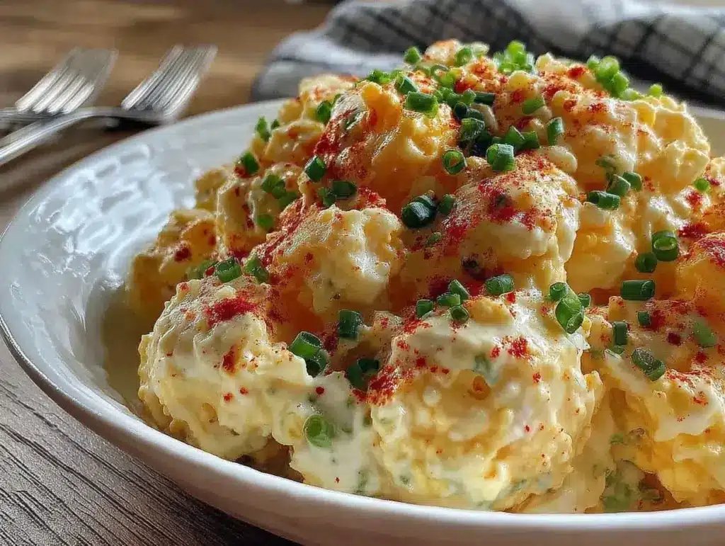 creamy classic deviled egg potato salad - featured image