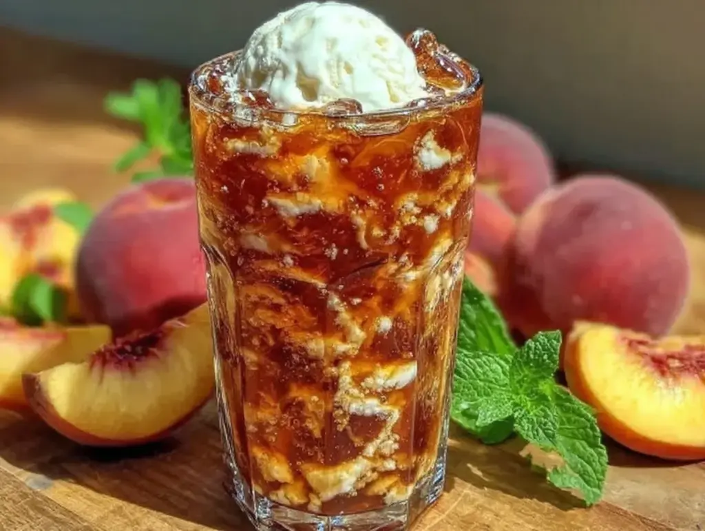creamy cold brew peach iced tea float - featured image