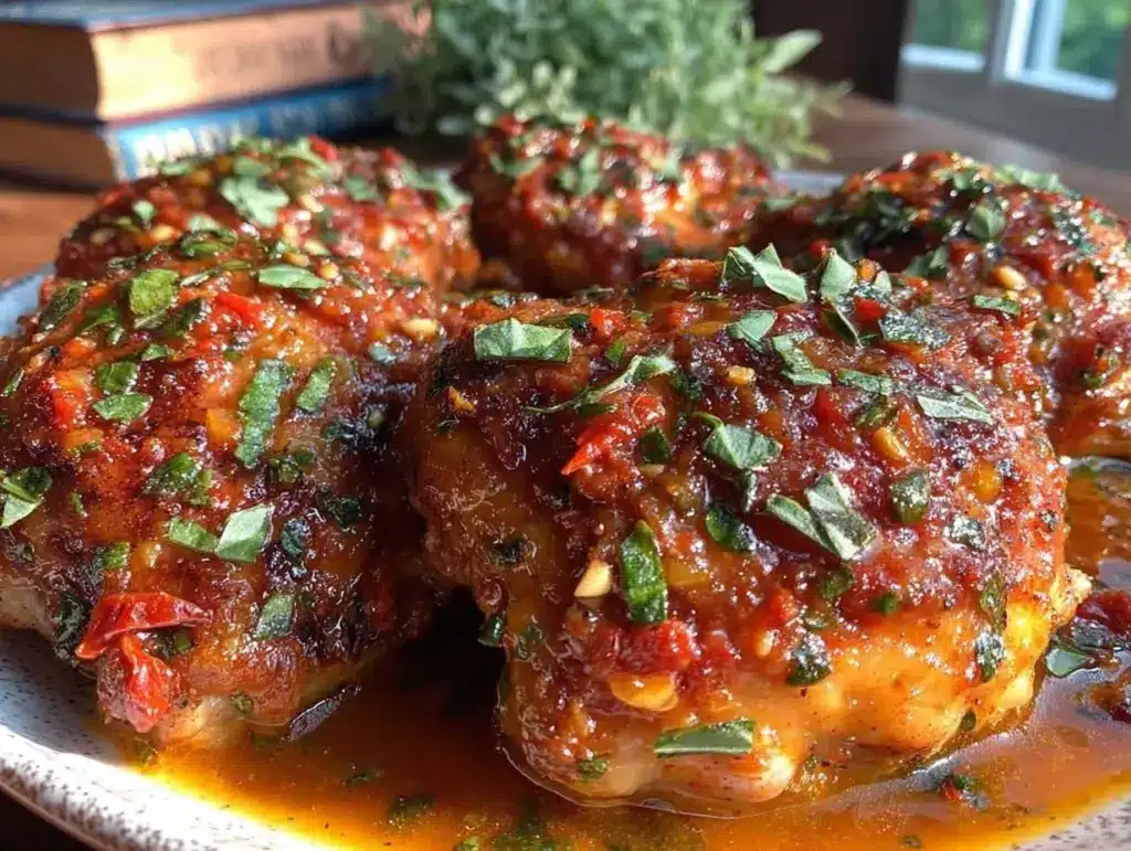 creamy crockpot tuscan chicken thighs - featured image