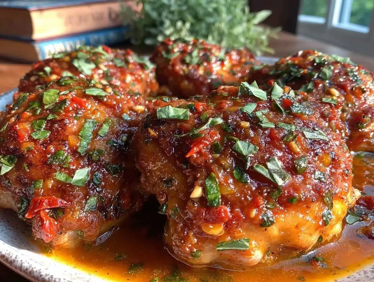 creamy crockpot tuscan chicken thighs - featured image