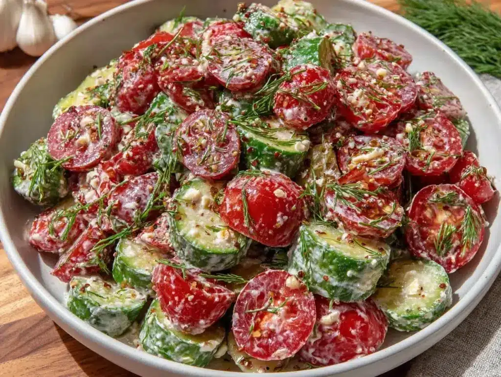 creamy garlic cucumber tomato salad - featured image