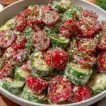 creamy garlic cucumber tomato salad - featured image
