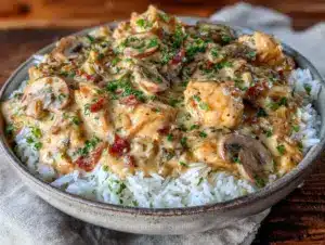 creamy lazy crockpot chicken and rice - featured image