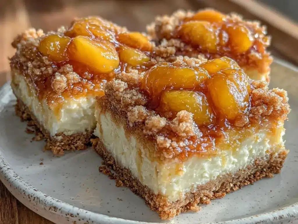 creamy peach cobbler cheesecake bars - featured image