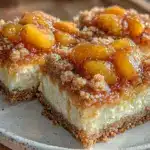 creamy peach cobbler cheesecake bars - featured image