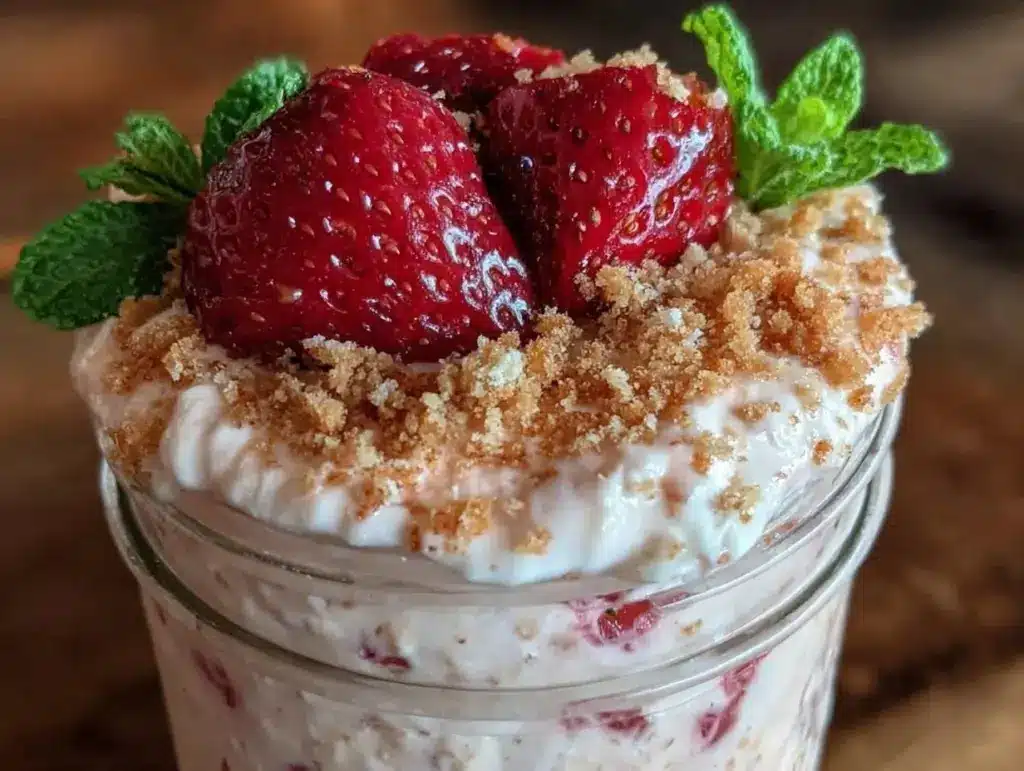 creamy strawberry cheesecake overnight oats - featured image