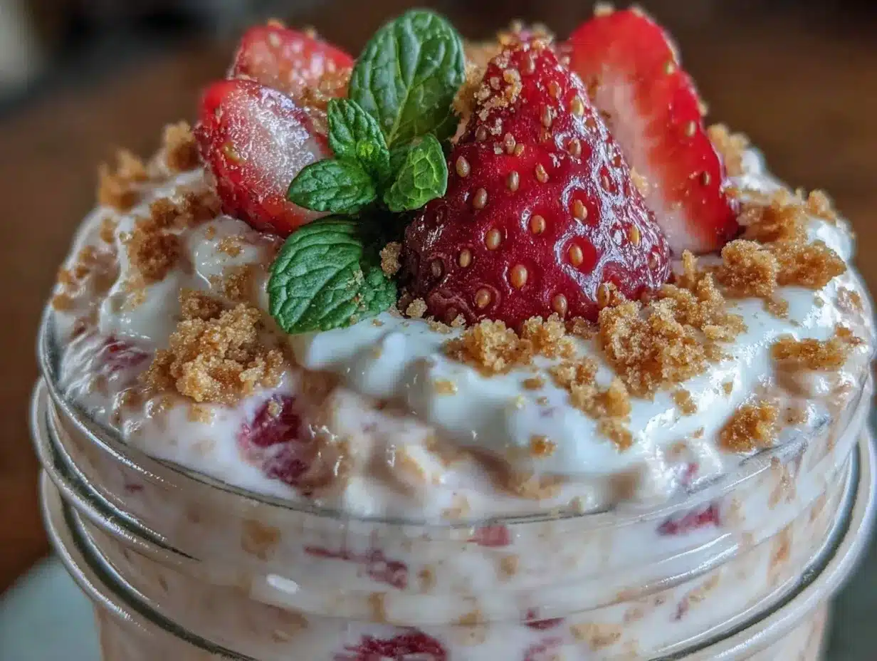 creamy strawberry cheesecake overnight oats preparation steps