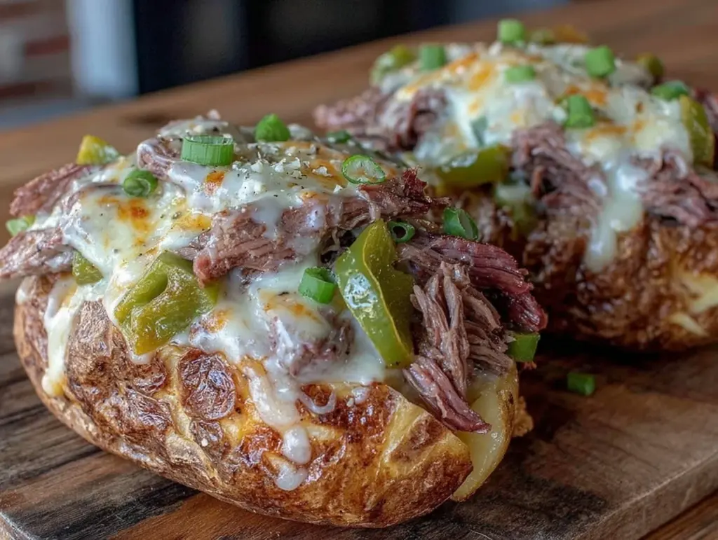 Crispy Philly Cheesesteak Stuffed Baked Potatoes - featured image