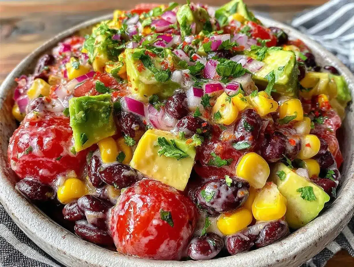fresh creamy cowboy caviar with avocado preparation steps