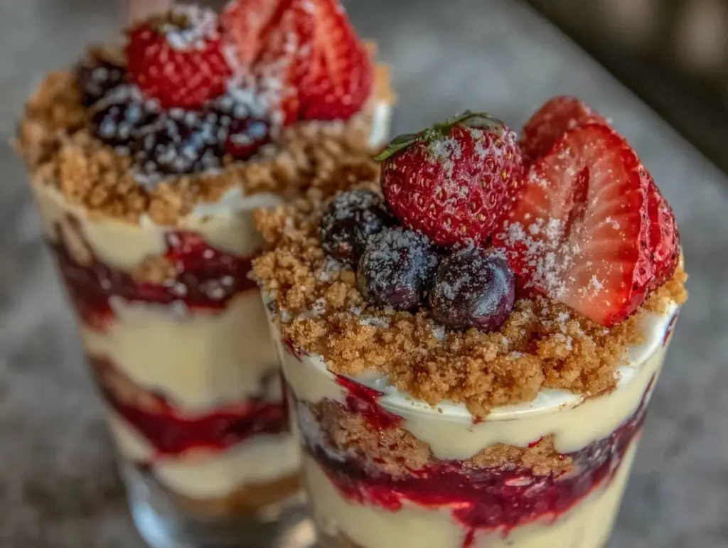 fresh red white and blue cheesecake parfait - featured image