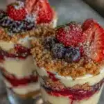 fresh red white and blue cheesecake parfait - featured image