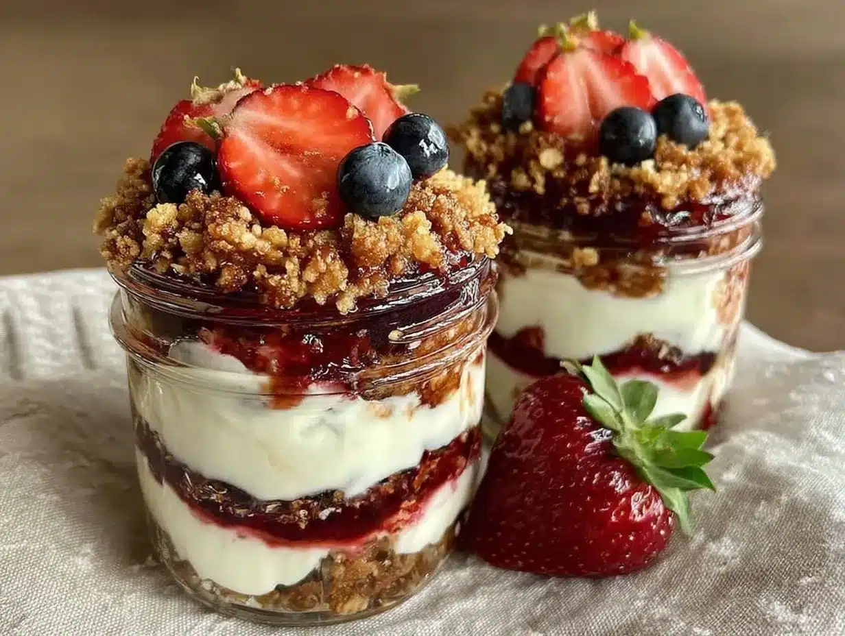fresh red white and blue cheesecake parfait preparation steps
