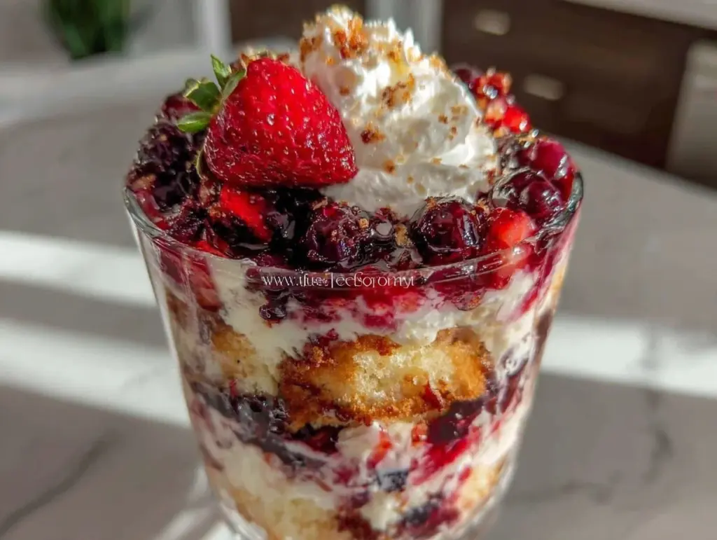 fresh red white and blue layered berry trifle - featured image