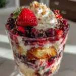 fresh red white and blue layered berry trifle - featured image