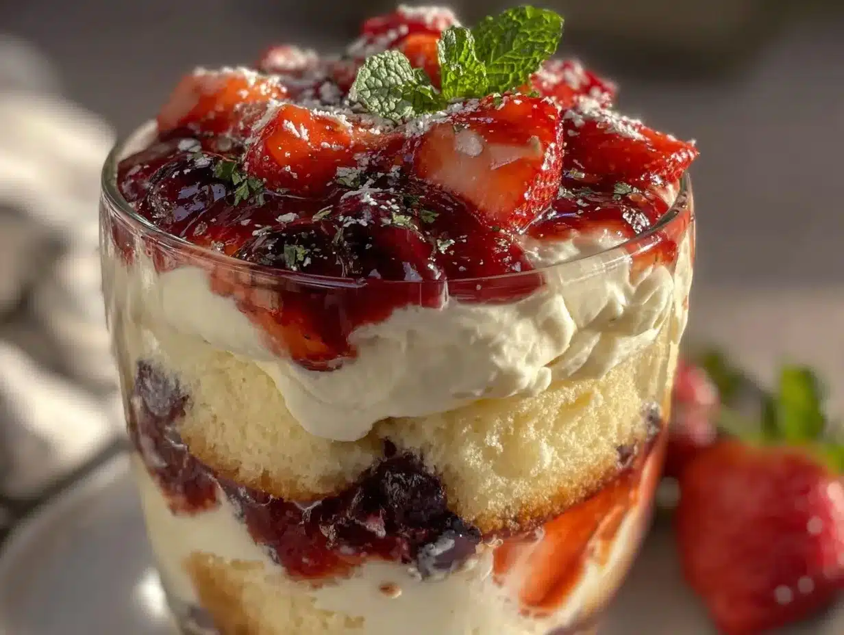 fresh red white and blue layered berry trifle preparation steps