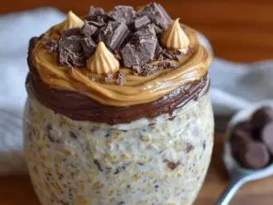high-protein peanut butter chocolate overnight oats - featured image