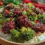 honey sriracha ground beef broccoli bowl - featured image