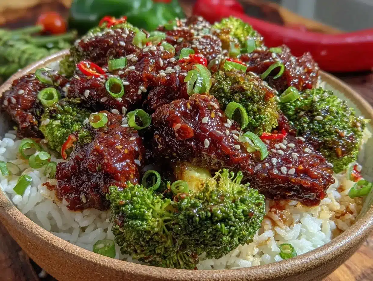 honey sriracha ground beef broccoli bowl - featured image