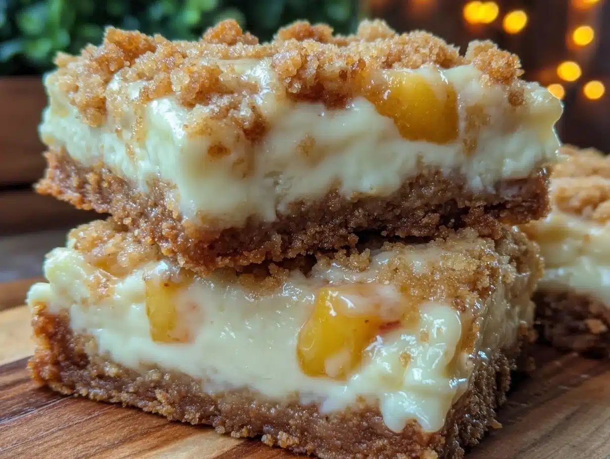 no bake peach cobbler cheesecake bars - featured image