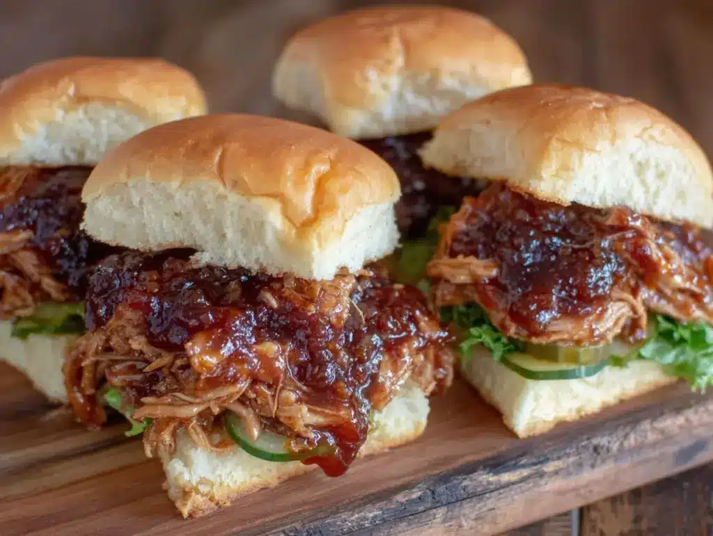 smoky bourbon bbq pulled chicken sliders - featured image